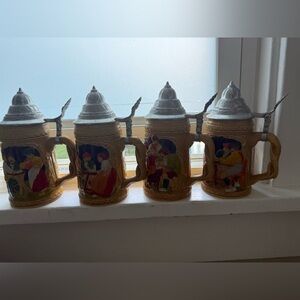 Vintage German Beer Stein Set (4-Piece Collection) Hand-Painted with Pewter Lids